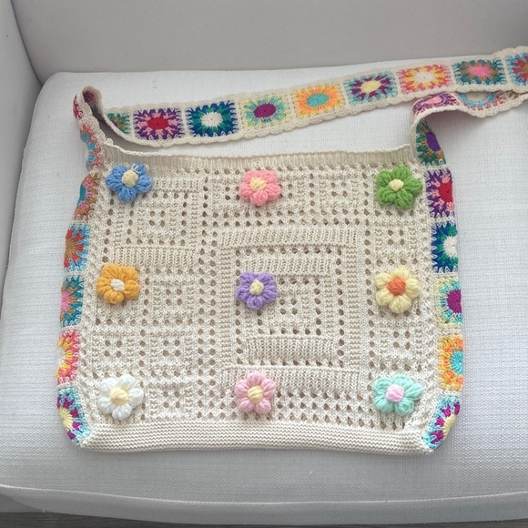Handbags - Cream Crochet Floral Crossbody Bag with Multicolor Flowers